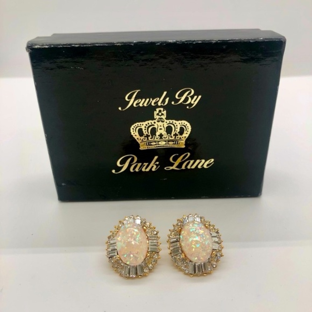 Vintage Signed Rhinestone Confetti Opal Earrings … - image 6